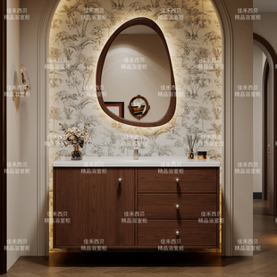 法式复古浴室柜中古风组合陶瓷一体盆胡桃色卫生间洗漱台洗手池柜