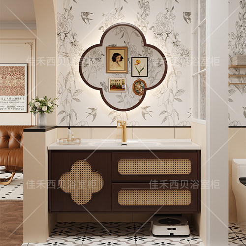 新中式橡木藤编浴室柜一体陶瓷盆