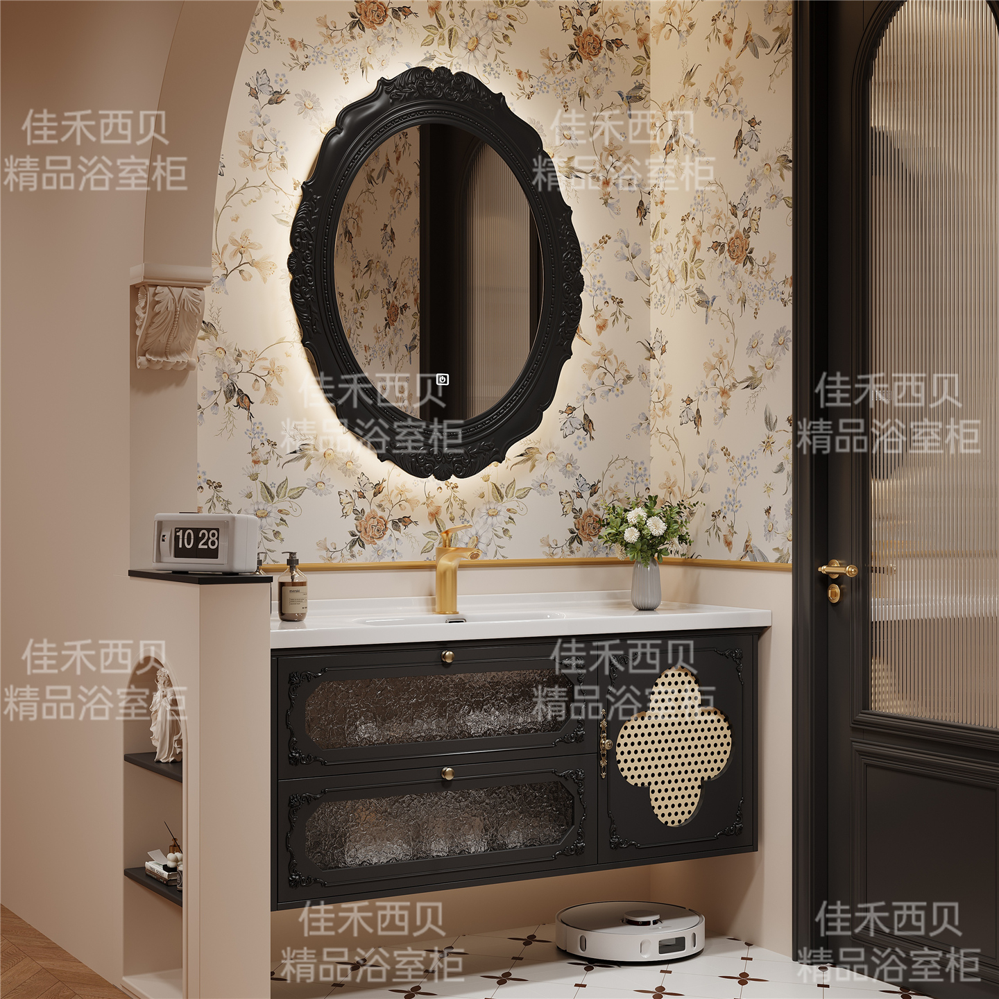 藤编法式洗漱台复古一体陶瓷盆