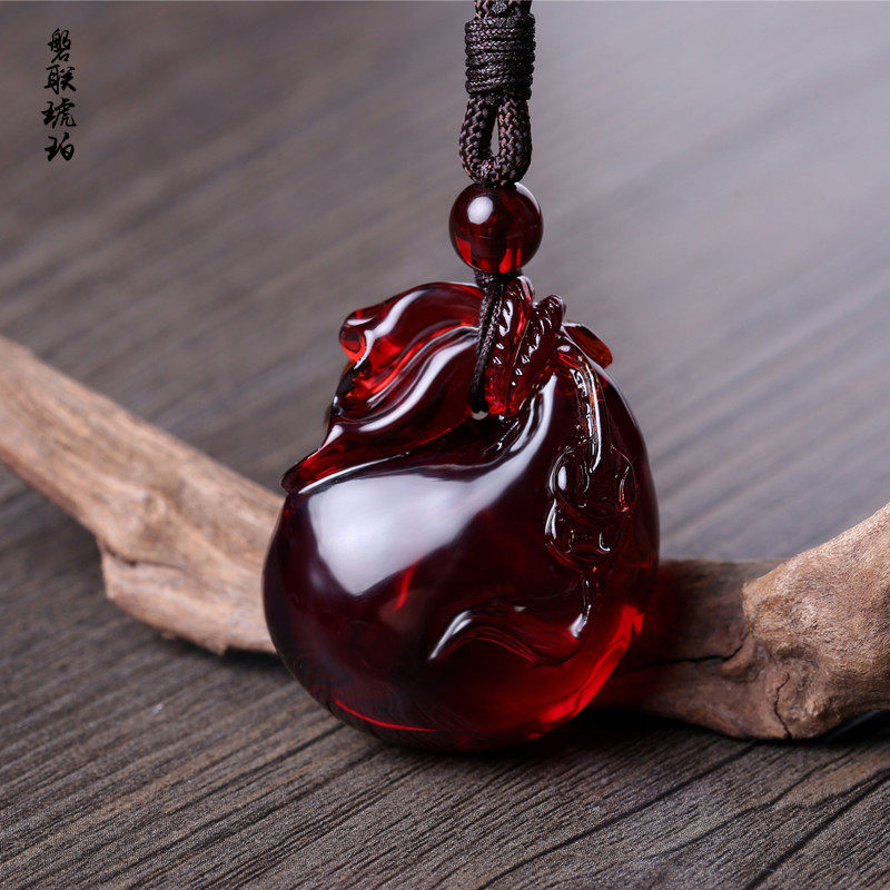 琥珀吊坠长款血珀项链男女款民族风蜜蜡毛衣链酒红色挂坠福袋礼物