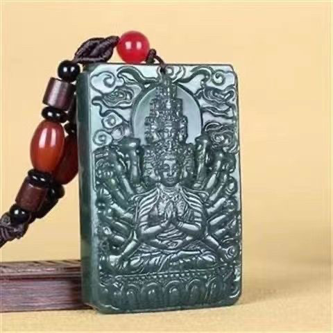 天然新疆和田玉青玉千手观音吊坠男士款大号玉牌项链菩萨挂件玉佩