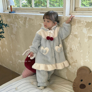 大小卷秋冬儿童家居服2025新款女童韩系花边中长款可外穿居家