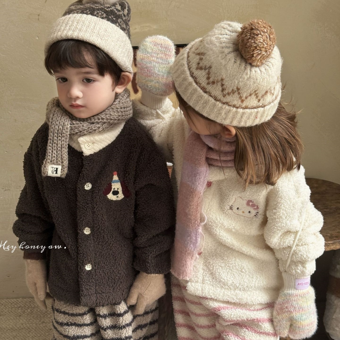 大小卷25秋冬新款儿童秋冬加厚居家半边绒撞色可外穿男女童套装