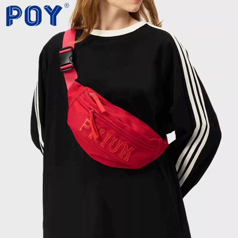 POY®新款骑行包运动女式挎包红色腰包女斜挎包休闲手机背包男胸包