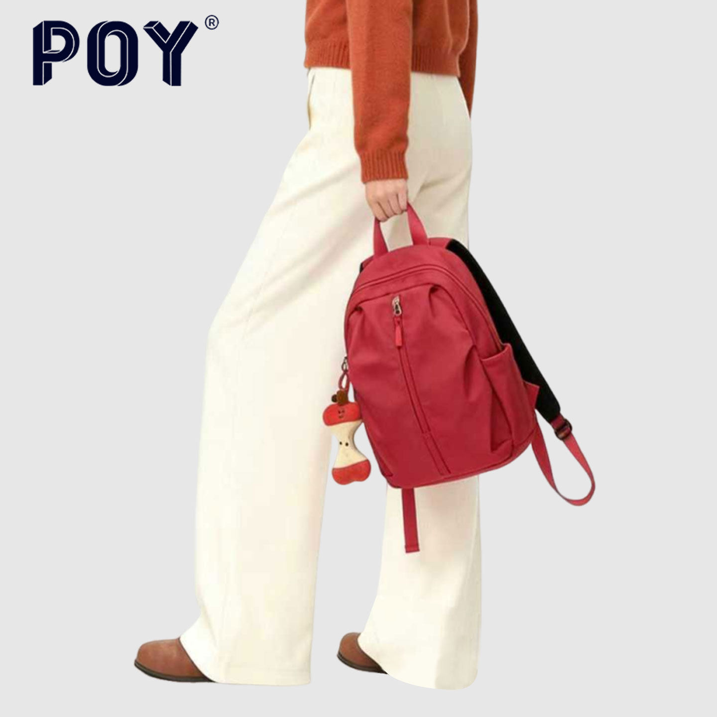 POY&reg; 背包女外出户外妈咪迷你小双肩包红色通勤韩版女士百搭书包