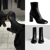 折扣 女 tug极简黑色牛皮方头后拉链8cm高跟短靴 Phoebe Philo