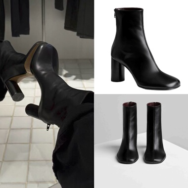 折扣 Phoebe Philo tug极简黑色牛皮方头后拉链8cm高跟短靴 女