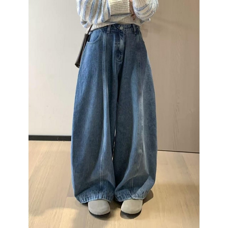 韩11复古蓝色阔腿弯刀牛仔裤女2025新款宽松百搭感休闲牛仔长裤