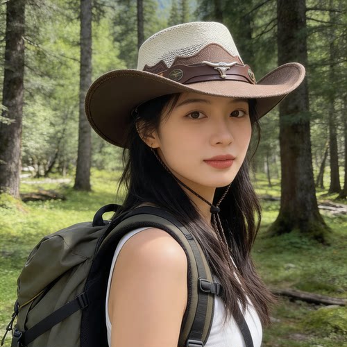 复古西部牛仔帽女夏季网眼透气川西户外防晒遮阳度假徒步登山帽子