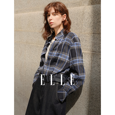 ELLE法式复古格纹短款衬衫女