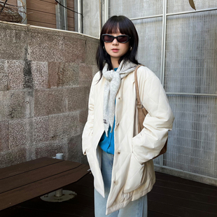 【白羽之境】ELLE菱格围巾棉服女2025冬季新款宽松轻薄中长款外套