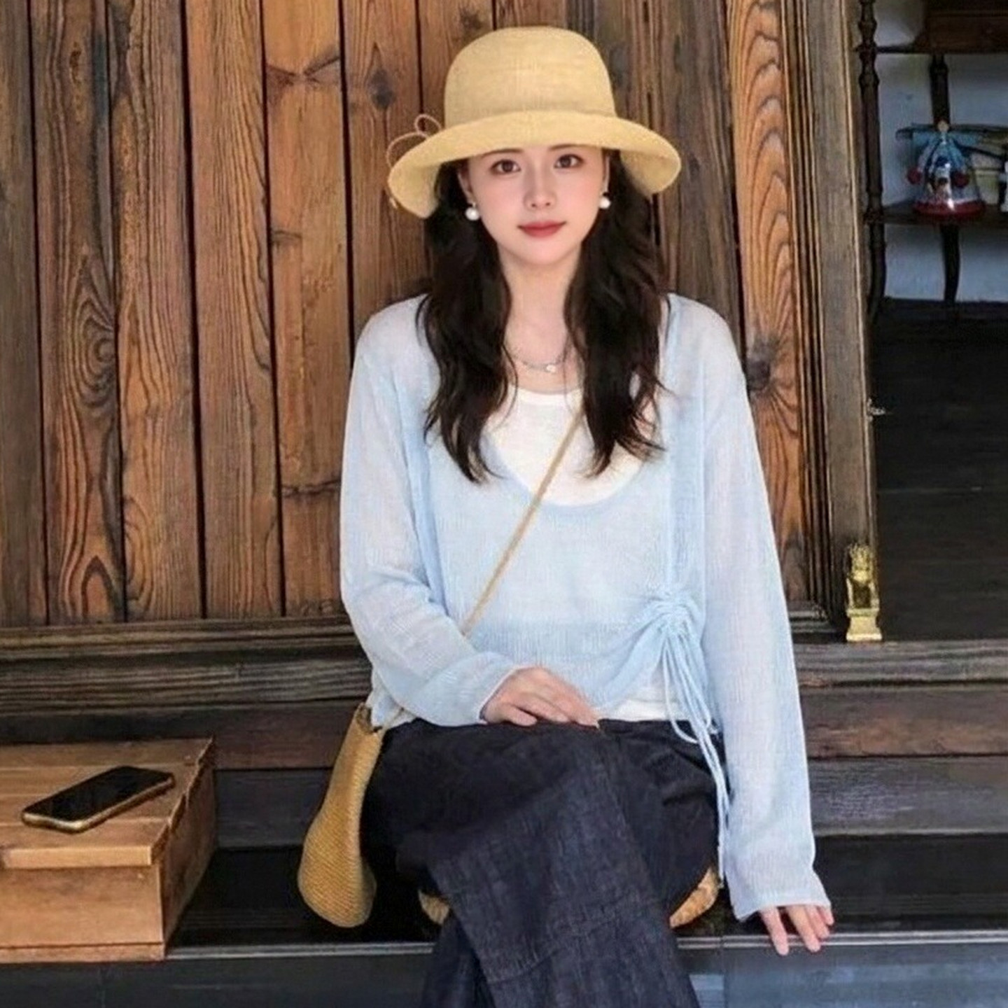 ELLE假两件镂空针织衫女2026夏季薄款蓝色通勤设计感防晒罩衫上衣