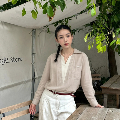 ELLE假两件拼接天丝亚麻衬衫