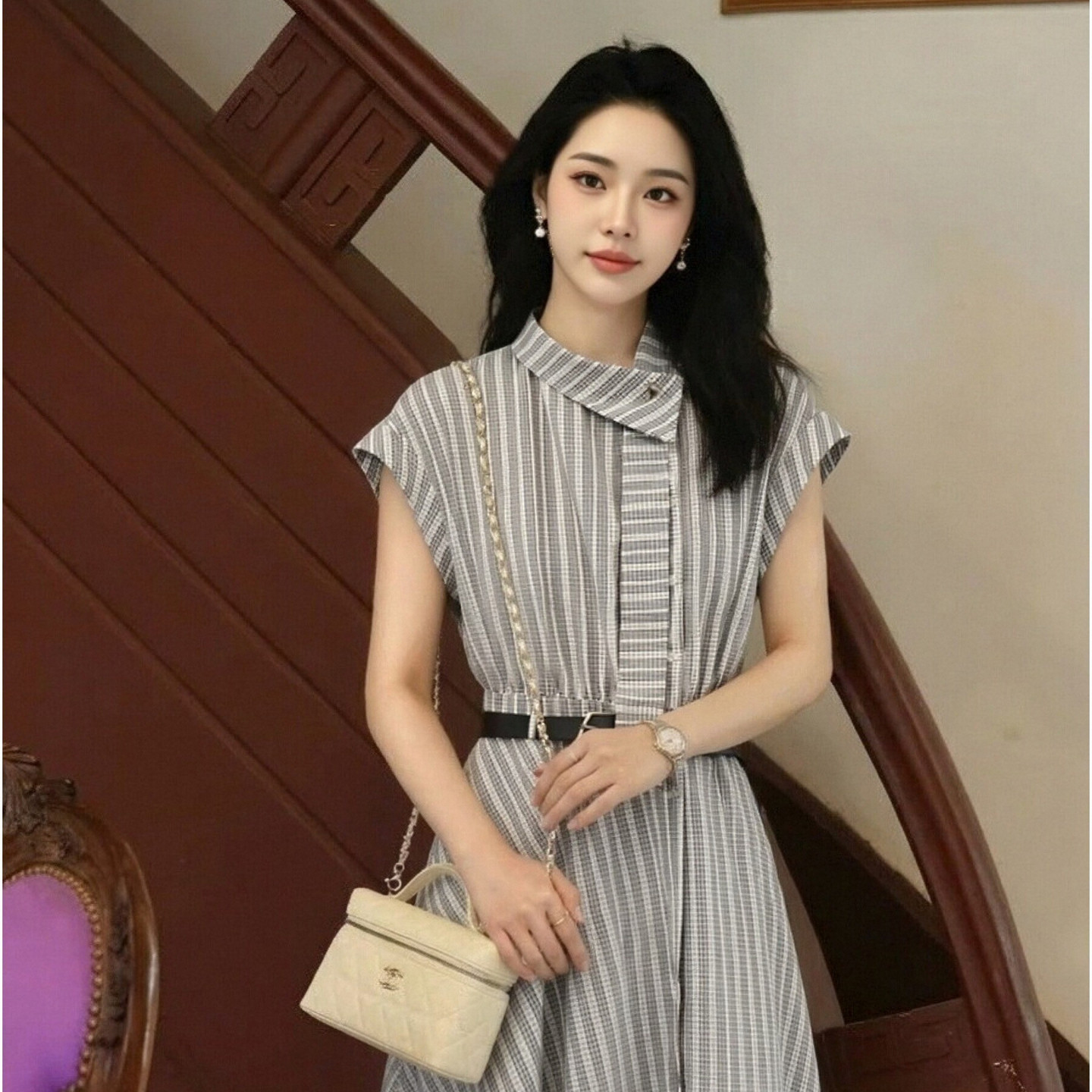 ELLE条纹不规则衬衫连衣裙图片