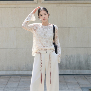 设计感腰带宽松阔腿裤 新款 子女2026春季 ELLE米白色纯棉绣花休闲裤