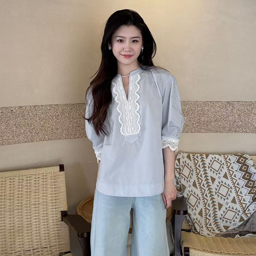 ELLE法式撞色花边衬衣女