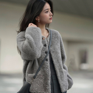 【100%绵羊毛】ELLE法式灰色毛绒短外套女2025冬季通勤羊羔毛外套