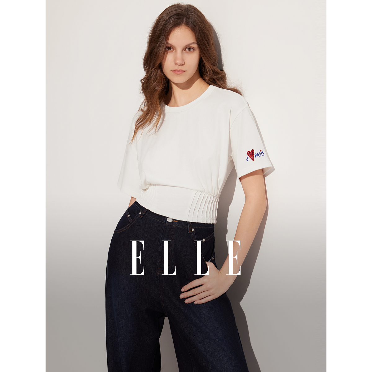 ELLE爱心印花正肩圆领短袖T恤