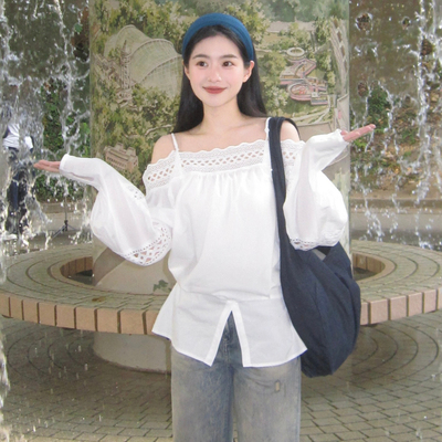 ELLE蕾丝一字肩泡泡袖衬衫