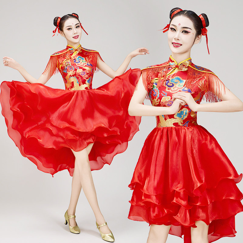 高档新款中国风喜庆广场舞服装扇子舞短裙威风锣鼓演出服中国龙打