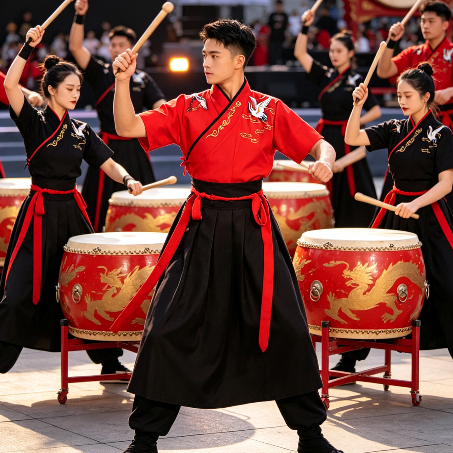 高档中国风打鼓服装专业喜庆打鼓服大鼓腰鼓红色开业男女表演演出