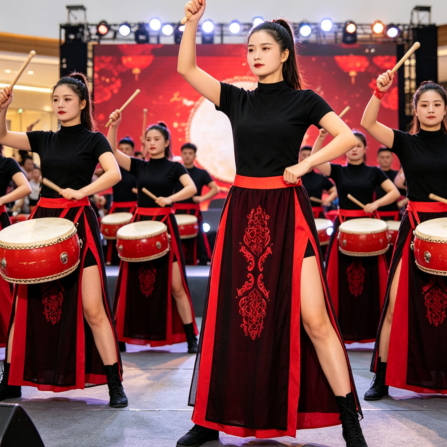 高档中国风打鼓服装专业喜庆打鼓服大鼓腰鼓红色开业男女表演演出