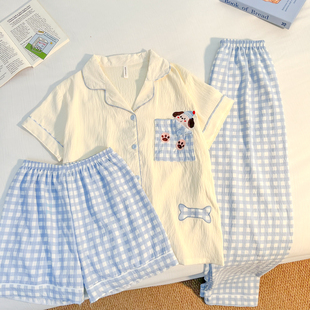 云朵棉睡衣女款夏季短袖长裤翻领卡通小狗可爱女家居服套装可外穿
