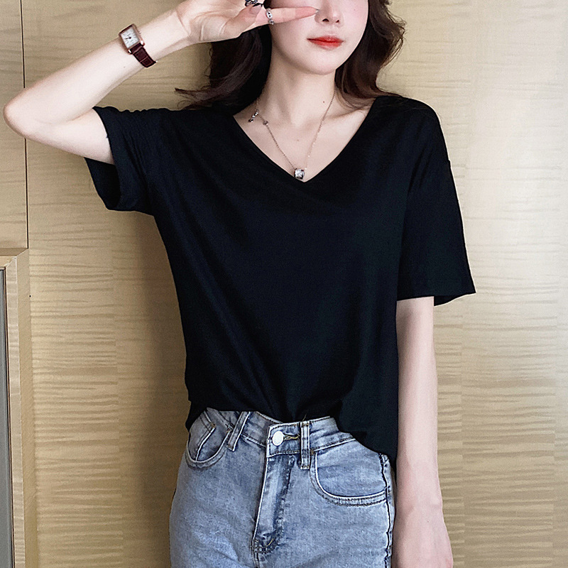 黑色V领短袖T恤女2024莫代尔韩版宽松显瘦纯色百搭打底上衣