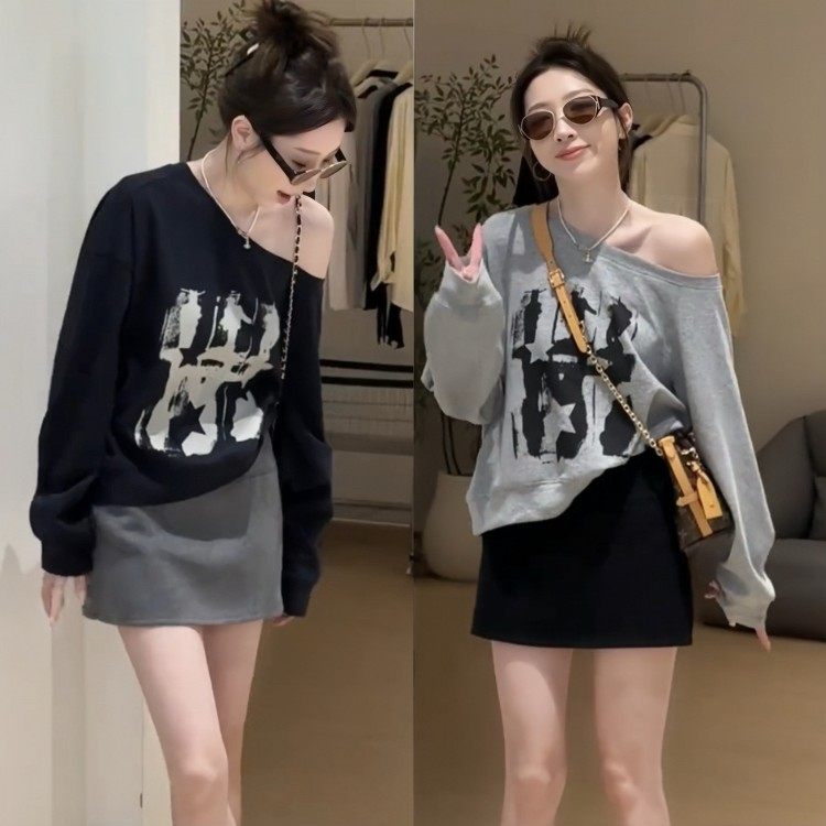 2025早秋新款韩系休闲时尚显瘦气质减龄露肩无帽巨好看卫衣女上衣