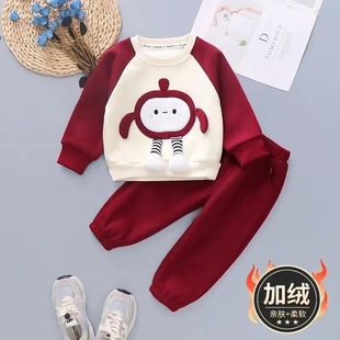 洋气男女童婴儿宝宝休闲两件套装 新款 加绒加厚卫衣套装 儿童秋冬装