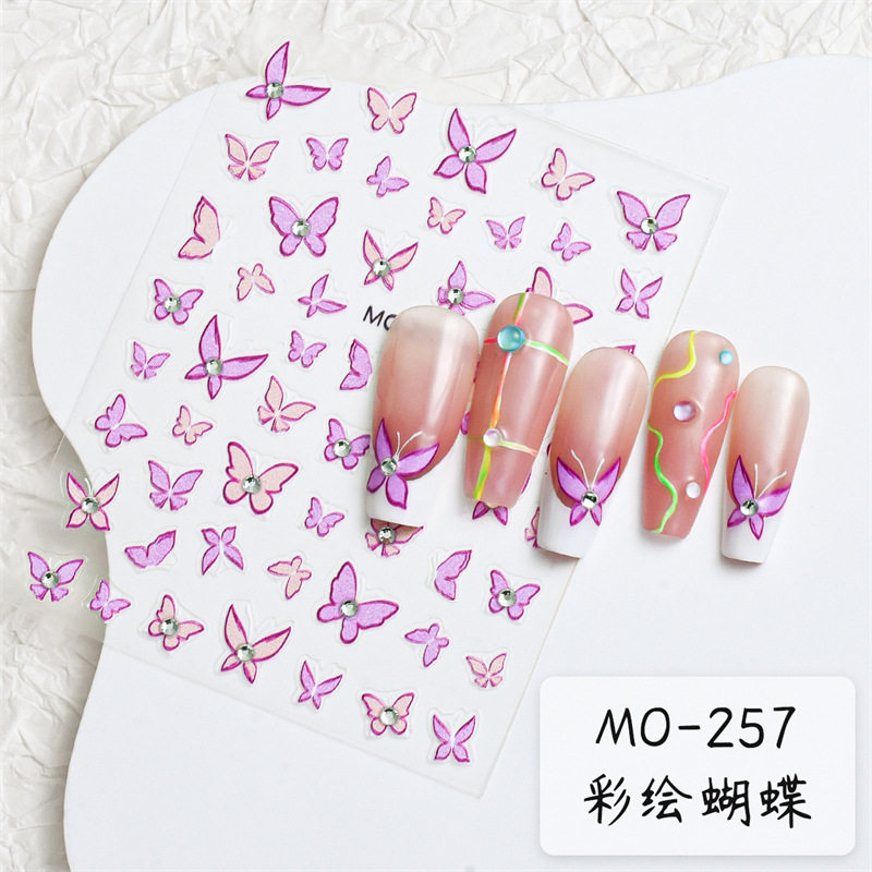 网红爆款晶钻蝴蝶美甲贴纸薄荷曼波粉色彩绘浮雕蝴蝶指甲贴纸带钻