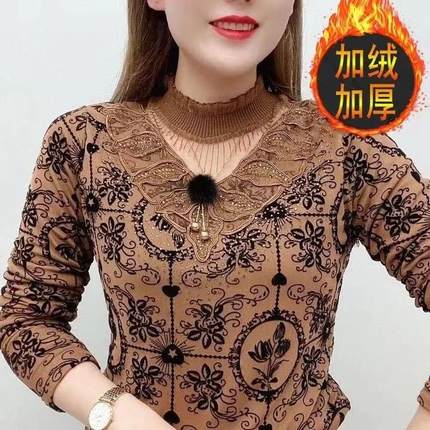 加绒蕾丝打底衫女冬装2024新款时尚大码洋气内搭长袖网纱T恤上衣