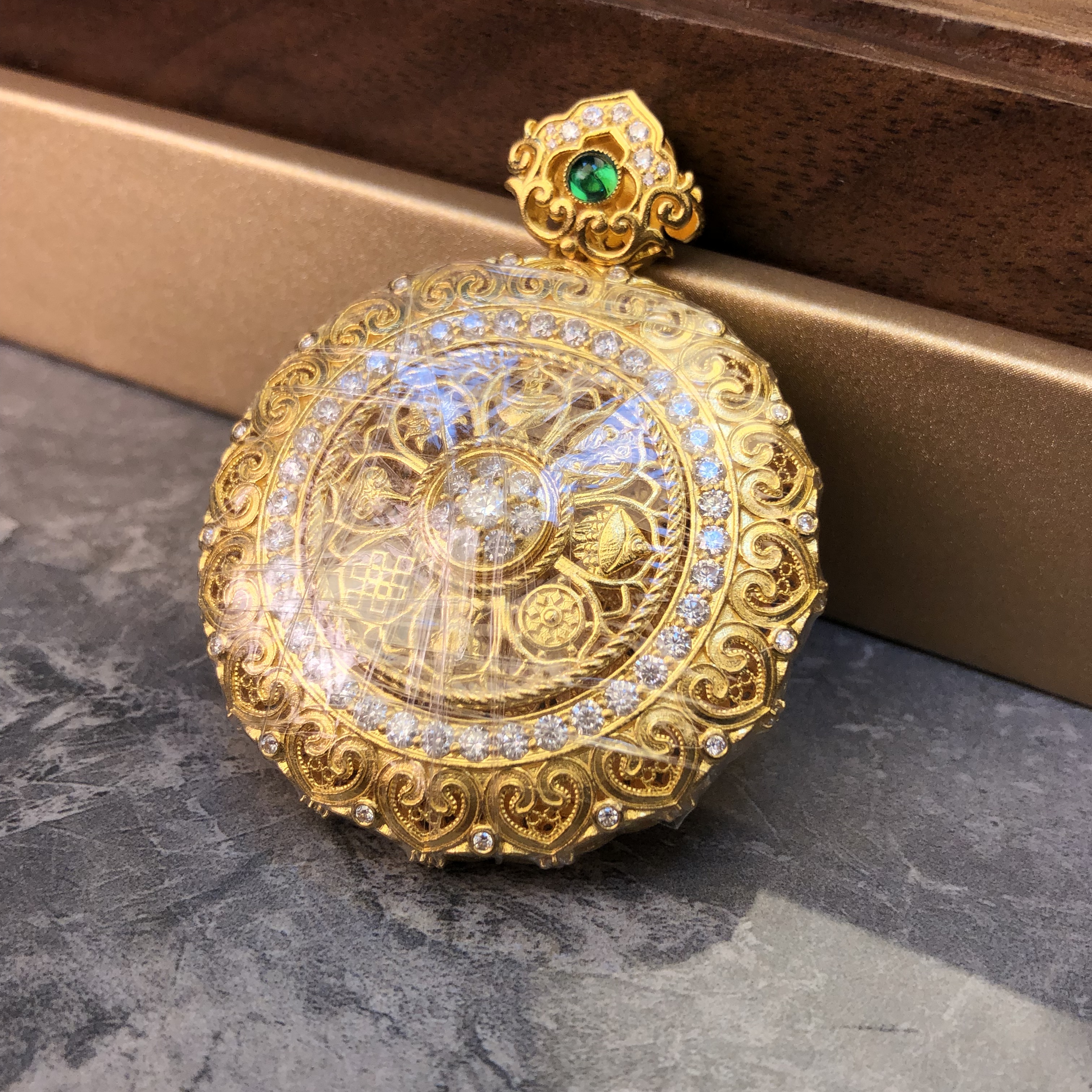 黄金足金999花丝转动八宝罗盘