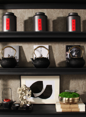 宋氏美学新中式样板房售楼处营销中心书柜博古架摆台茶具摆件组合