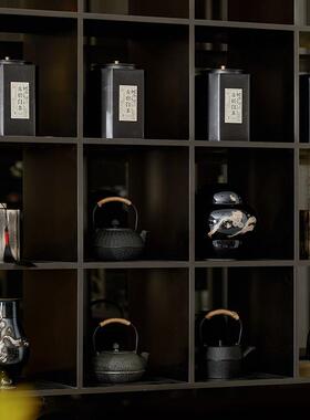 新中式宋氏美学样板间茶室博古架书架茶具花器茶叶罐摆件组合