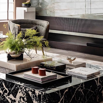 【八度空间】现代样板间客厅茶几洽谈区桌面银色金属花器托盘摆件