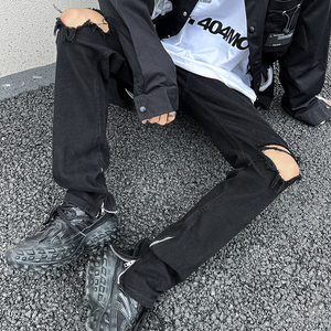 美式vibe弹力纯黑高街修身牛仔裤男男牌破洞街头hiphop裤GJ76 p60图片