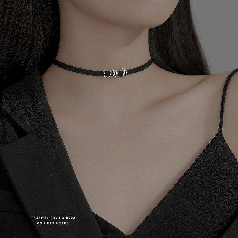 choker链项圈小众纯银脖颈锁骨皮绳潮ins设计链颈带项链925女黑色