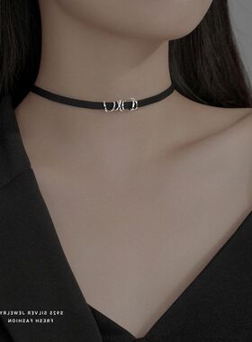 choker链项圈小众纯银脖颈锁骨皮绳潮ins设计链颈带项链925女黑色