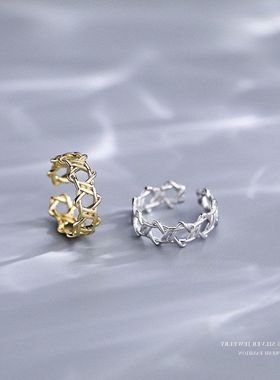 食指纯银戒六芒星学生环镂空S925