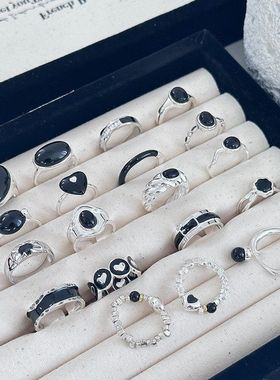 心系列黑色组合工艺少女戒指通体纯银系黑色s925指环玛瑙滴油黑