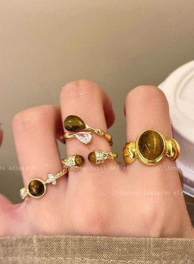 虎眼石戒小众咖色调节食指女高级