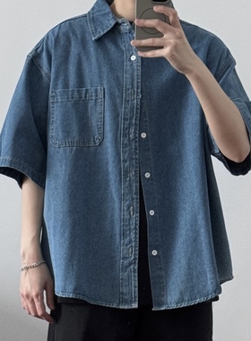 重磅牛仔水洗短袖衬衫52071 夏季全棉不热潮男上衣CCD自由商店