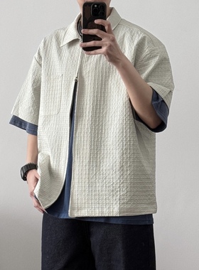 肌理质感双拉链短袖衬衫52028 日系宽松夏新款潮上衣CCD自由商店