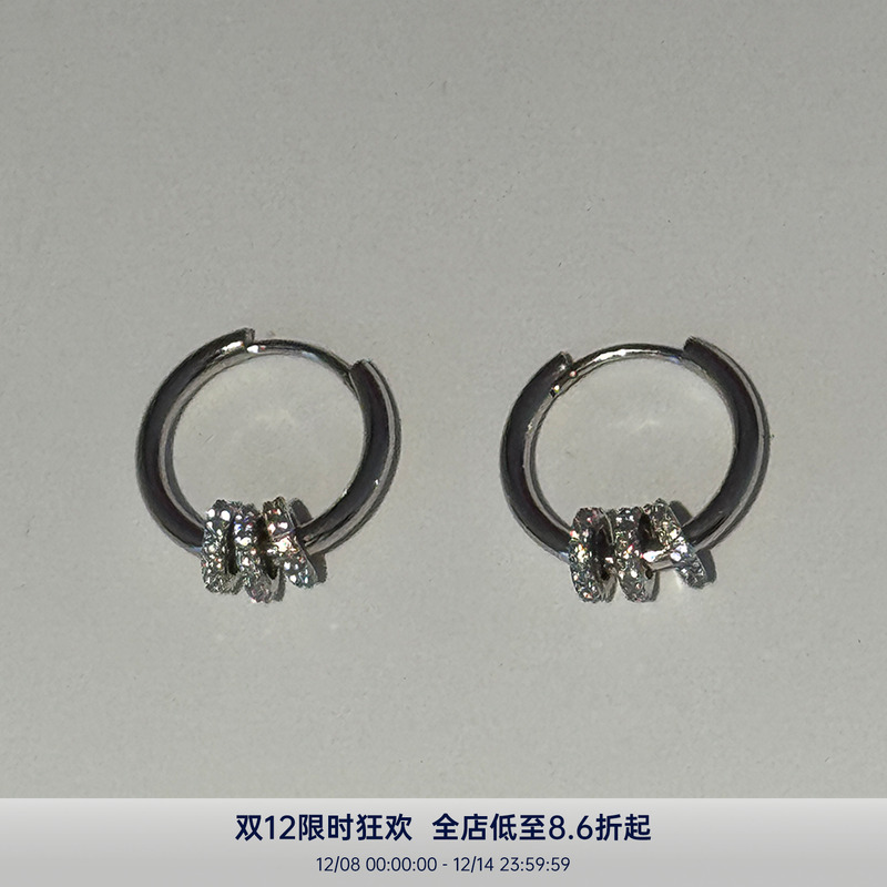 PAUSA ANN s925 欧美个性三环满钻简约通勤圆耳圈银耳钉