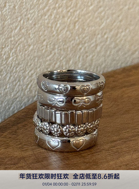 PAUSA ANN s925 光面蝴蝶结/爱心/花朵/条纹叠戴质感戒指