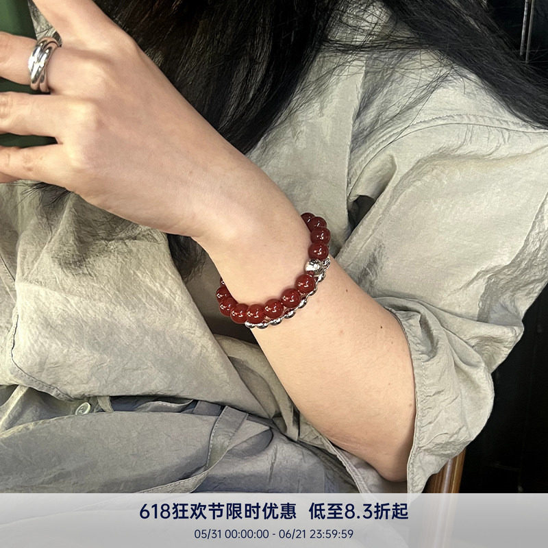 PAUSA ANN s925 天然石黑/红玛瑙拼肌理球现代时髦手链
