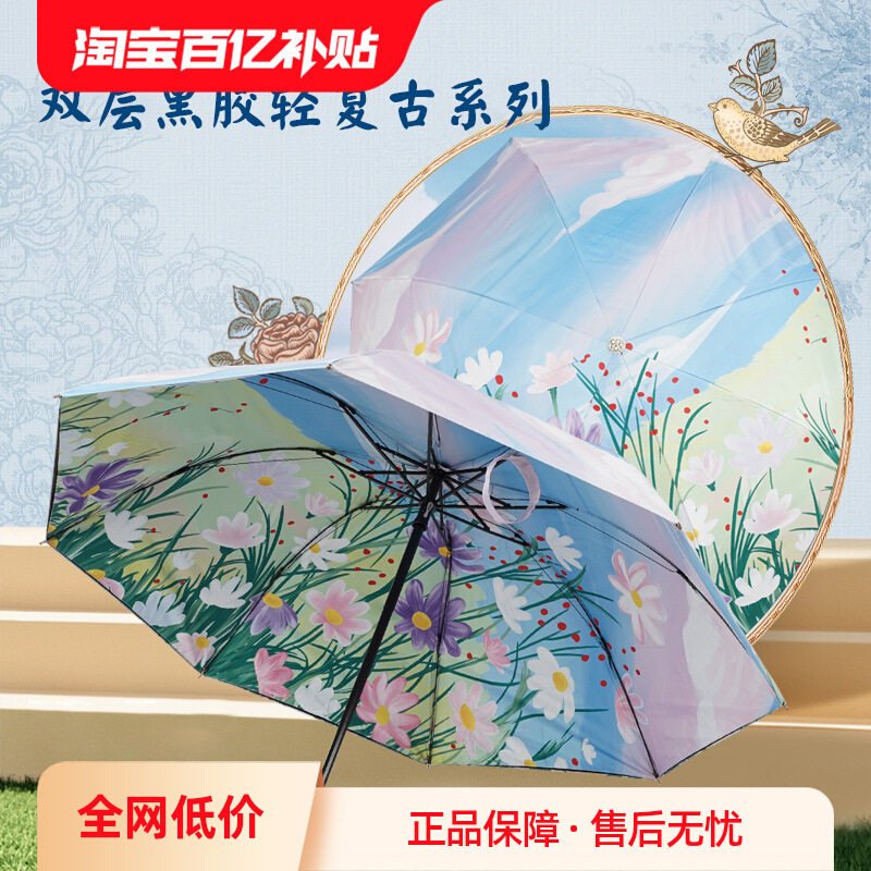 双面印花双层太阳伞防紫外线加厚遮阳伞晴雨两用手动伞女三折伞钢