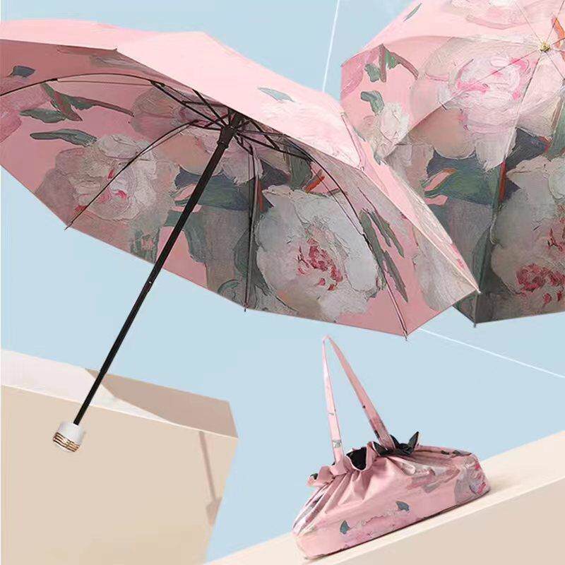 三折双层遮阳伞油画晴雨两用创意礼品折叠伞黑胶防雨伞多功能女生