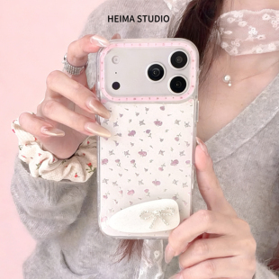 heima韩系唯美ins鎏金满屏玫瑰花适用于iphone17promax苹果16手机壳15pro新款 女全包紫色闪钻折叠支架保护套